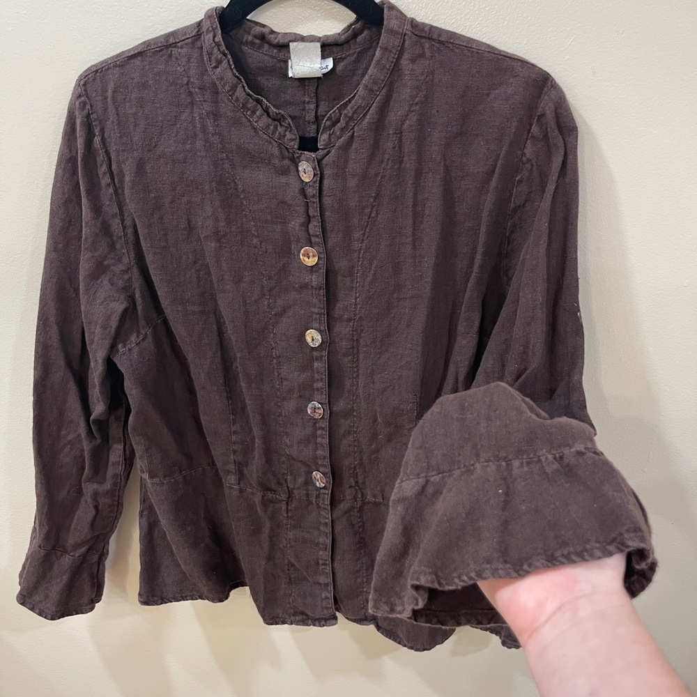VTG Linen Brown Ruffle Button Down Shirt